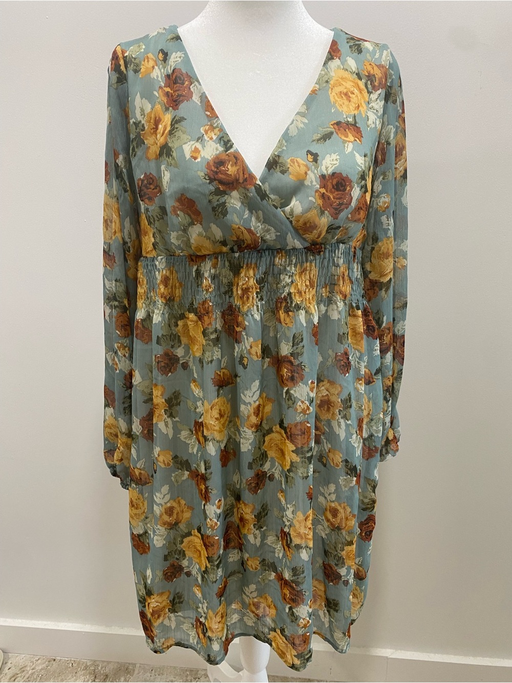 Rue21 Sage Floral Long Sleeve V-Neck Dress with Mustard & Brown Blooms